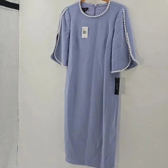 Rickie Freeman For Teri Jon Elegant Blue Pearl Embellished Dress - Picture 3 of 6